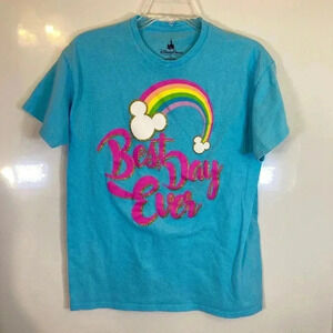 Disney Best Day Ever Youth XL Blue Short Sleeve Shirt Gold Glitter